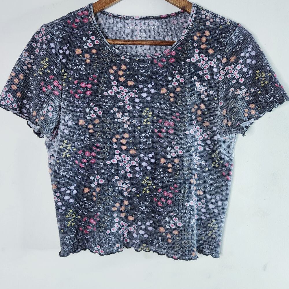 American Eagle Womens Black Floral Acid Wash Crop Top Size Large Festival Y2K